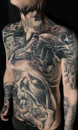 Horror full front torso tattoo in black and grey surrealism, London, Uk