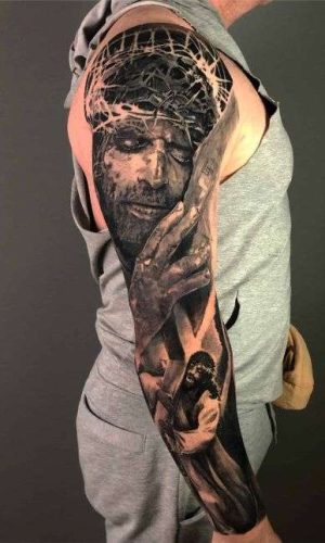 Jesus Christ Passion Full sleeve tattoo in black and grey realism, London, UK