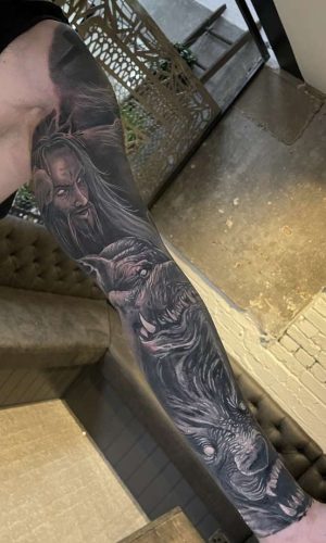 hades and cerberus greek gods and creature black and grey sleeve tattoo london artist