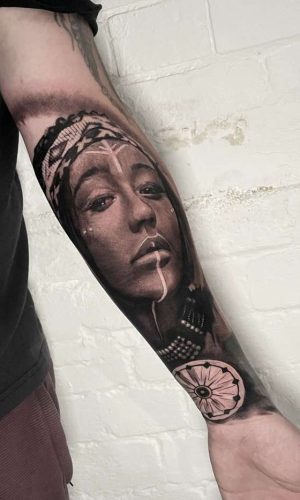 sleeve tattoo london best artist black and grey realistic native american woman portrait