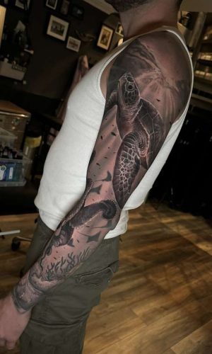 underwater sea animal black and grey realistic full sleeve tattoo best london artist