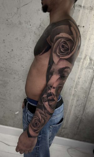 lady roses and skull full sleeve tattoo london uk artist black and grey realism