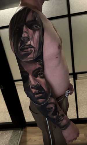 surrealism ladies faces emotions full sleeve black and grey tattoo artist london best.tattoos on tiktok
