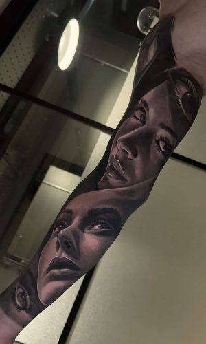 surrealism ladies faces emotions full sleeve black and grey tattoo artist london best.tattoos on instagram